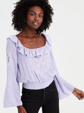 American Eagle Outfitters Lavender Ruffle Square-Neck Peasant Top